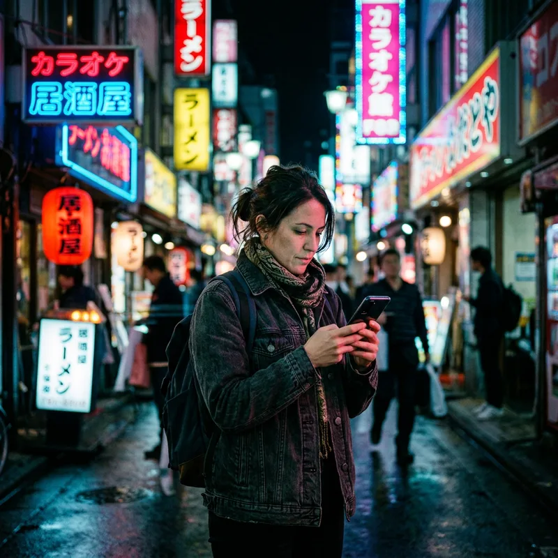 Traveler checking a phone under neon signage on a night street