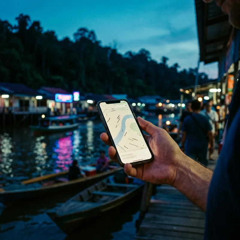 Phone with a map on a jetty in Borneo at dusk